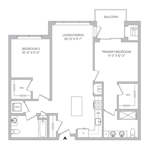 Floor plan for 2 beds, 2 baths, 1112 sqft